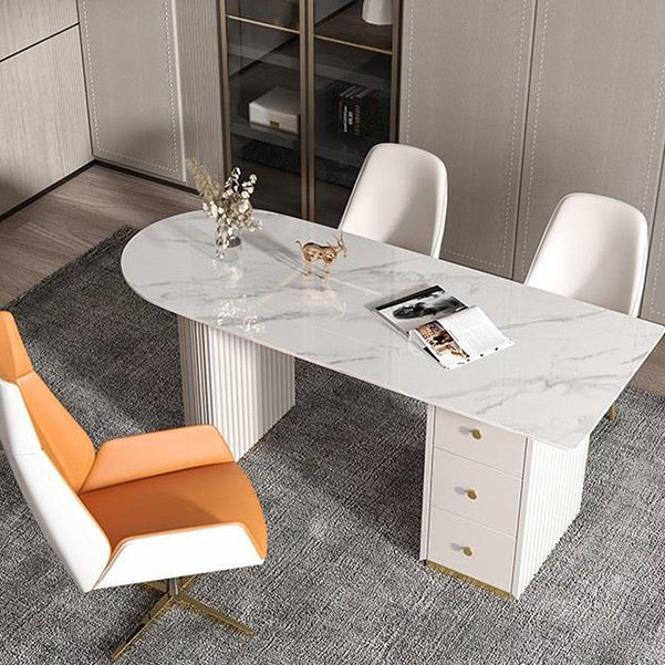 Beige Stone Writing Desk with Chrome Metal Base Office Desk Pedestal
