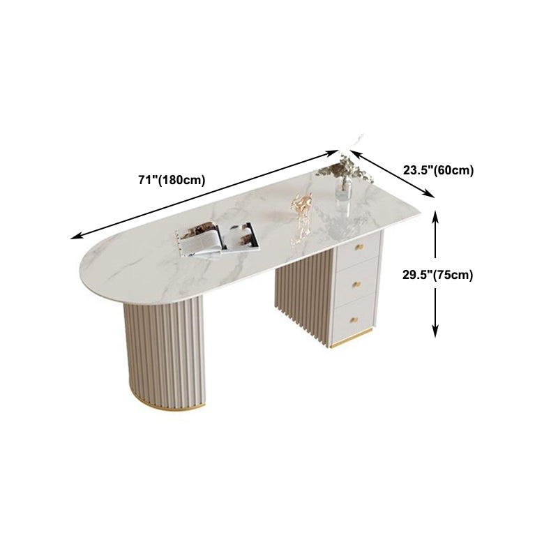 Beige Stone Writing Desk with Chrome Metal Base Office Desk Pedestal