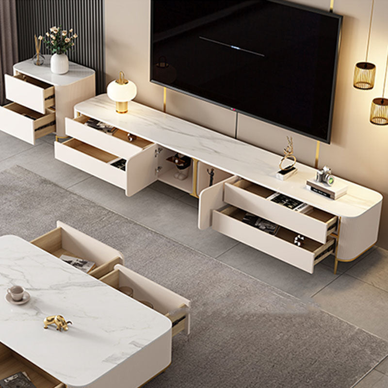 White Stone TV Stand Glam TV Media Stand with Legs for Living Room