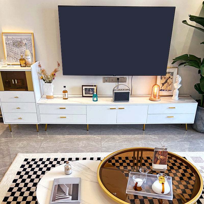 Glam Stone TV Media Console White TV Stand with 4 Drawers and 2 Doors