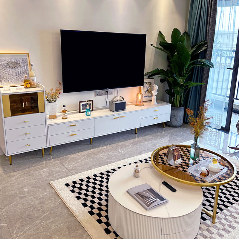 Glam Stone TV Media Console White TV Stand with 4 Drawers and 2 Doors