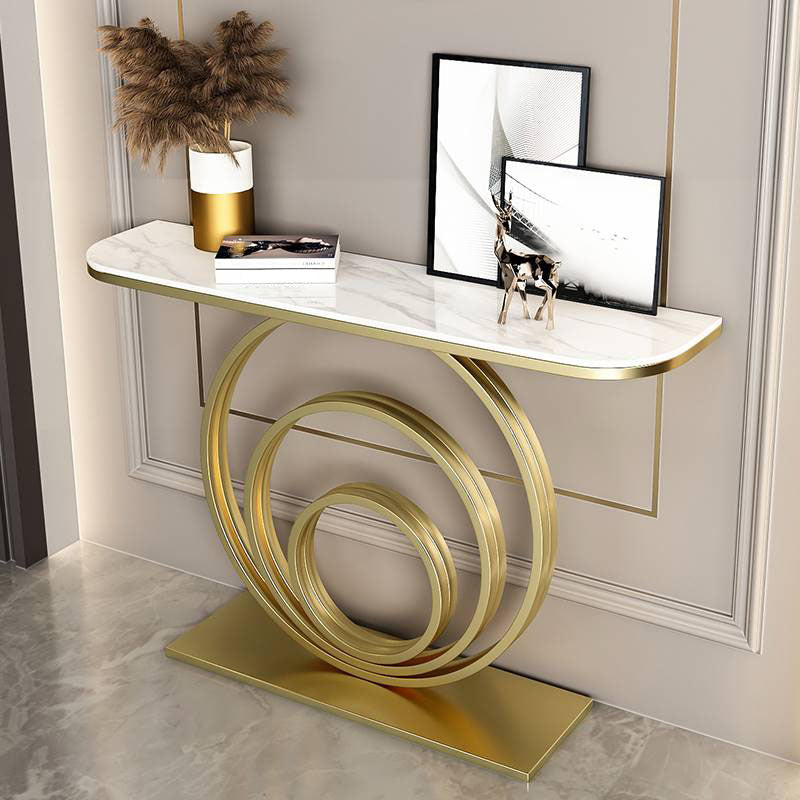 Modern Iron Console Sofa Table Half Moon Stone End Table for Hall
