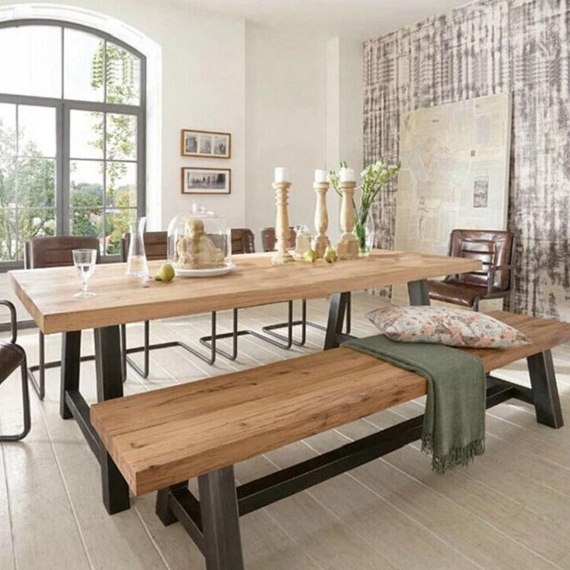 Solid Wood Top Dining Table Industrial Rectangle Table with Trestle Base in Black