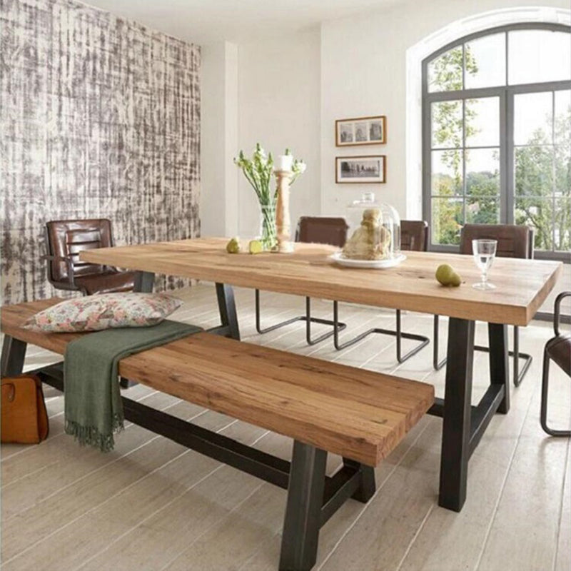 Solid Wood Top Dining Table Industrial Rectangle Table with Trestle Base in Black