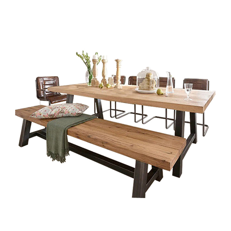 Solid Wood Top Dining Table Industrial Rectangle Table with Trestle Base in Black