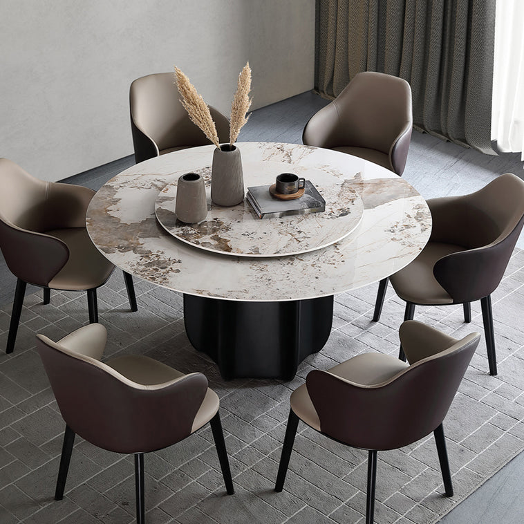 Round Dining Table Modern Stone Top Dining Table with Solid Wood Pedestal