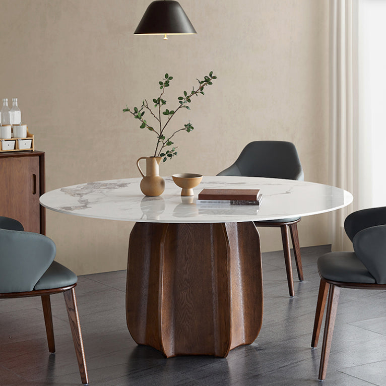 Round Dining Table Modern Stone Top Dining Table with Solid Wood Pedestal