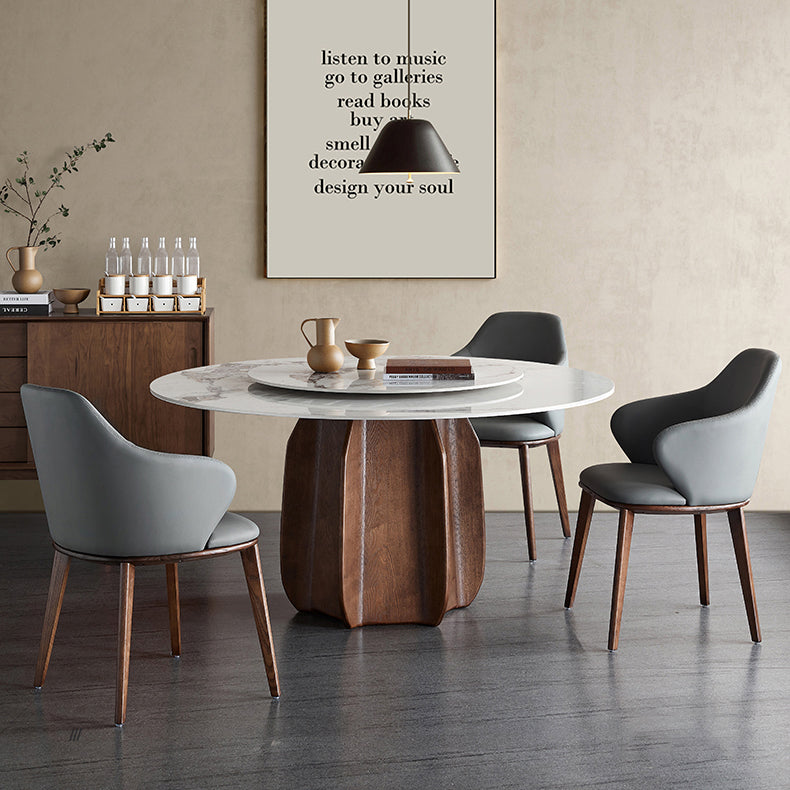 Round Dining Table Modern Stone Top Dining Table with Solid Wood Pedestal