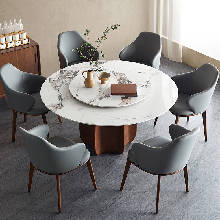 Round Dining Table Modern Stone Top Dining Table with Solid Wood Pedestal