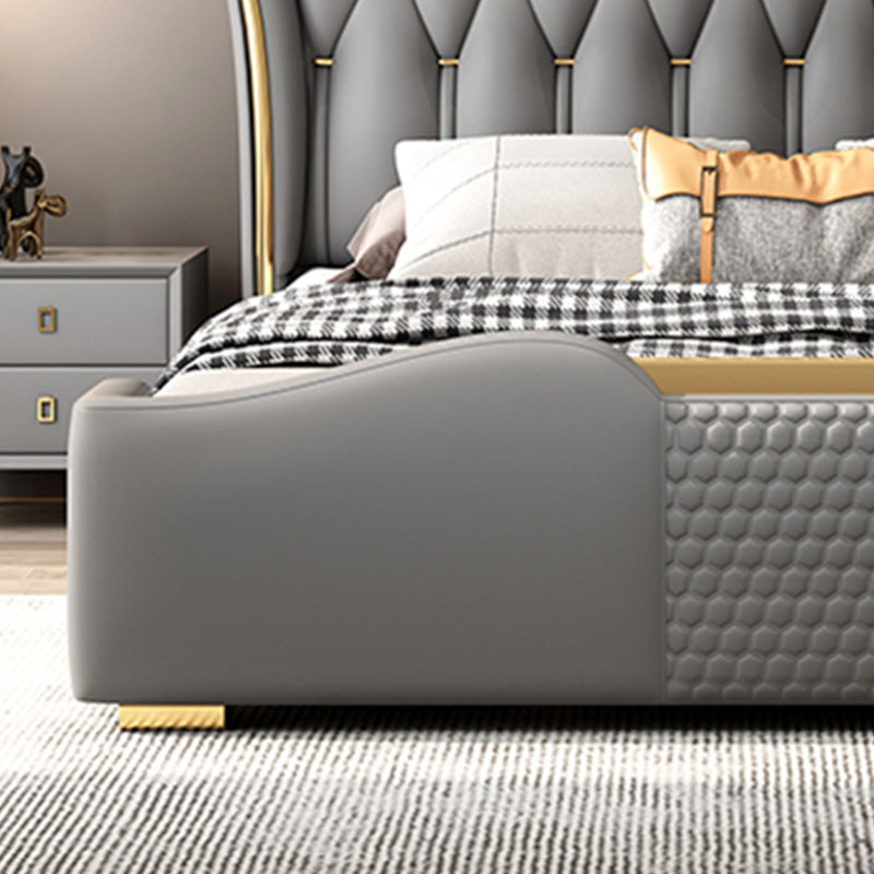 Glam wood Standard Bed Faux Leather Bed Frame with Upholstered Headboard for Bedroom