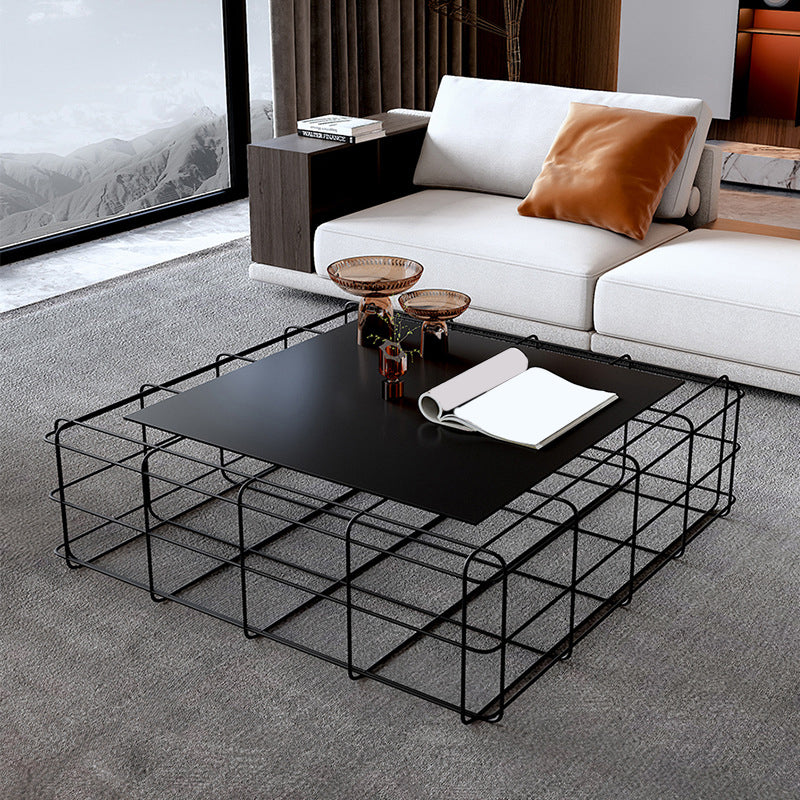 Black Mid-Century Modern Coffee Table with Iron Top and Frame Base