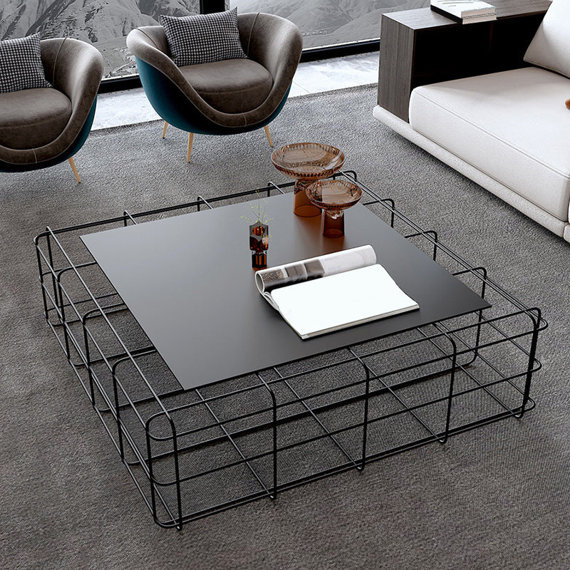 Black Mid-Century Modern Coffee Table with Iron Top and Frame Base
