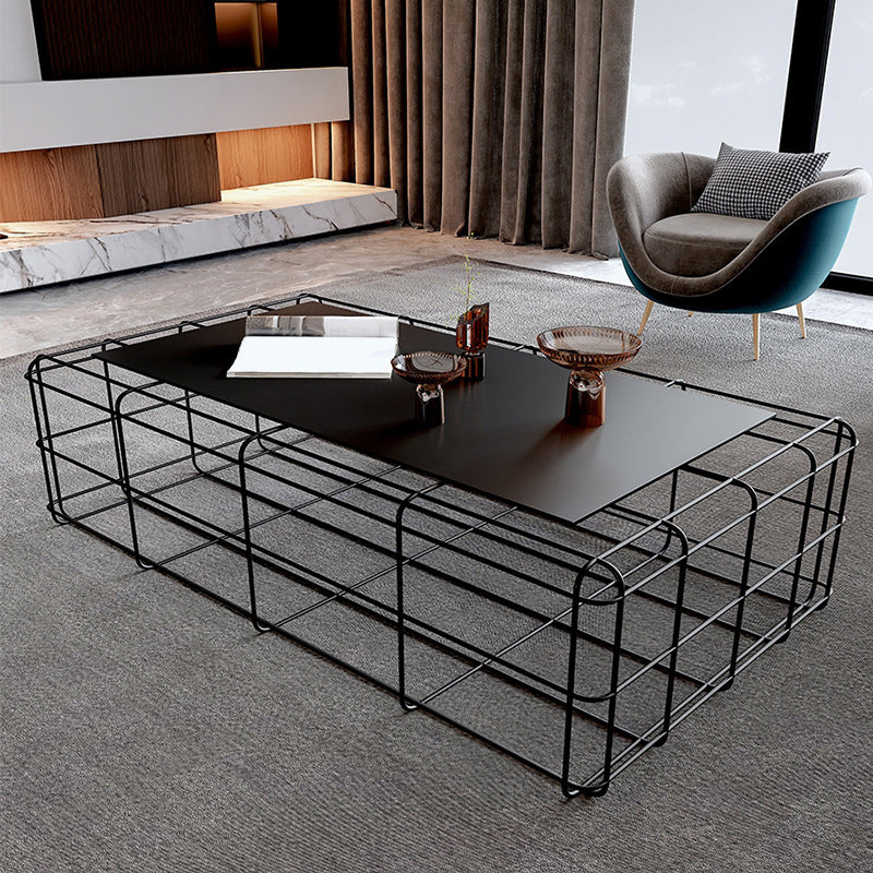 Black Mid-Century Modern Coffee Table with Iron Top and Frame Base