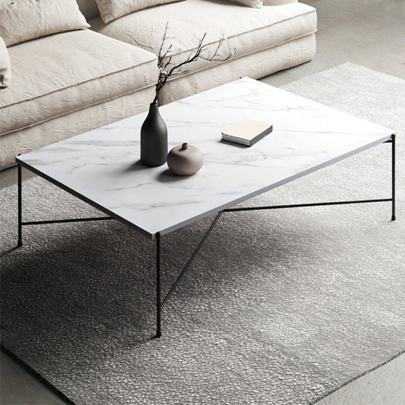 Metal Cross Legs Coffee Table with Rectangular Stone Top in White