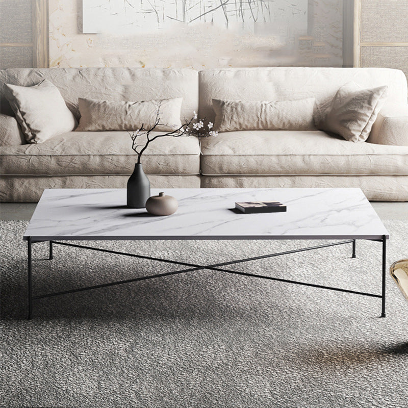 Metal Cross Legs Coffee Table with Rectangular Stone Top in White