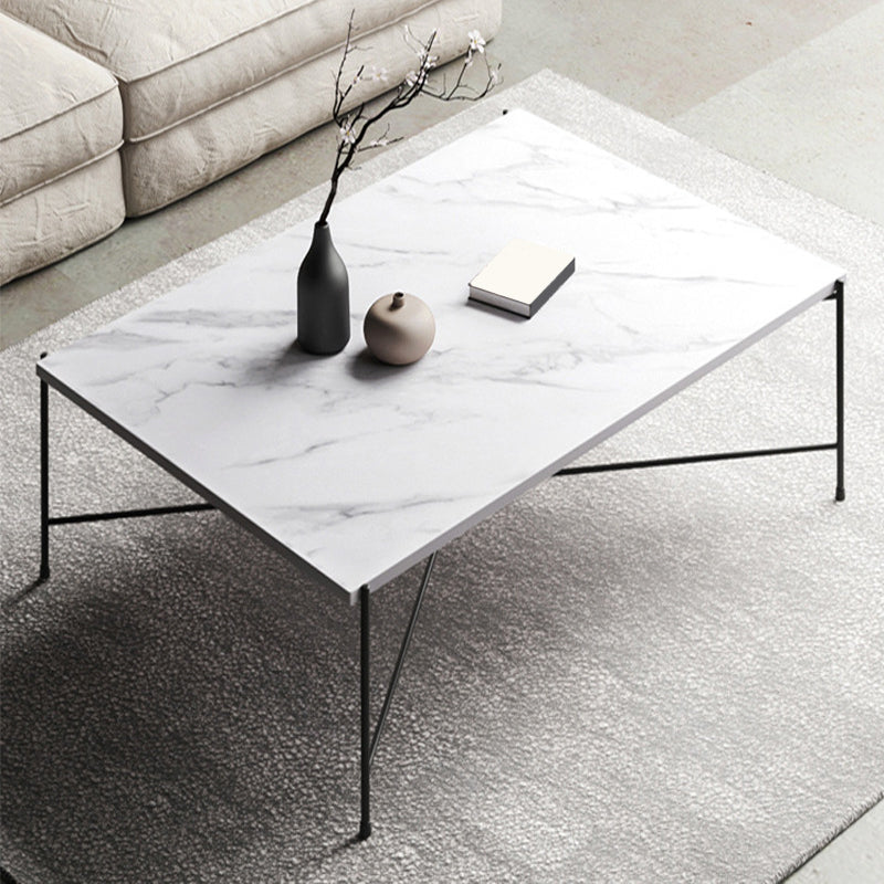 Metal Cross Legs Coffee Table with Rectangular Stone Top in White