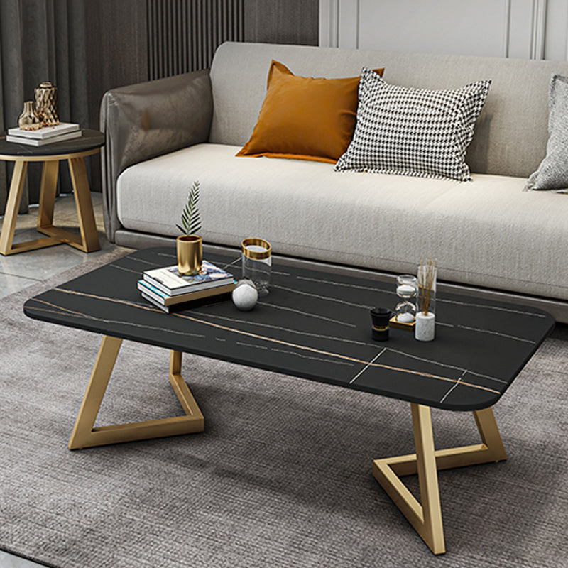 Glam Rectangle Stone Top Coffee Table with Iron Legs Cocktail Table