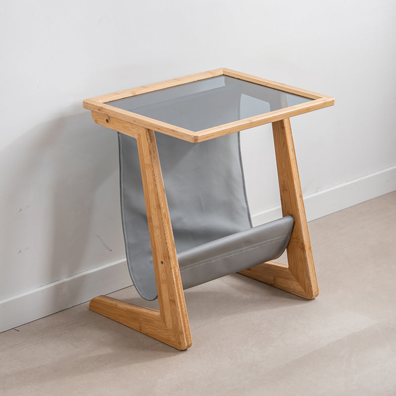 Modern Rectangle Glass Top Side Table Wood Abstract base End Table with Magazine Holder