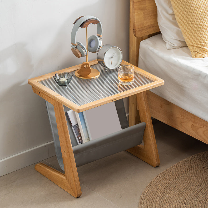 Modern Rectangle Glass Top Side Table Wood Abstract base End Table with Magazine Holder