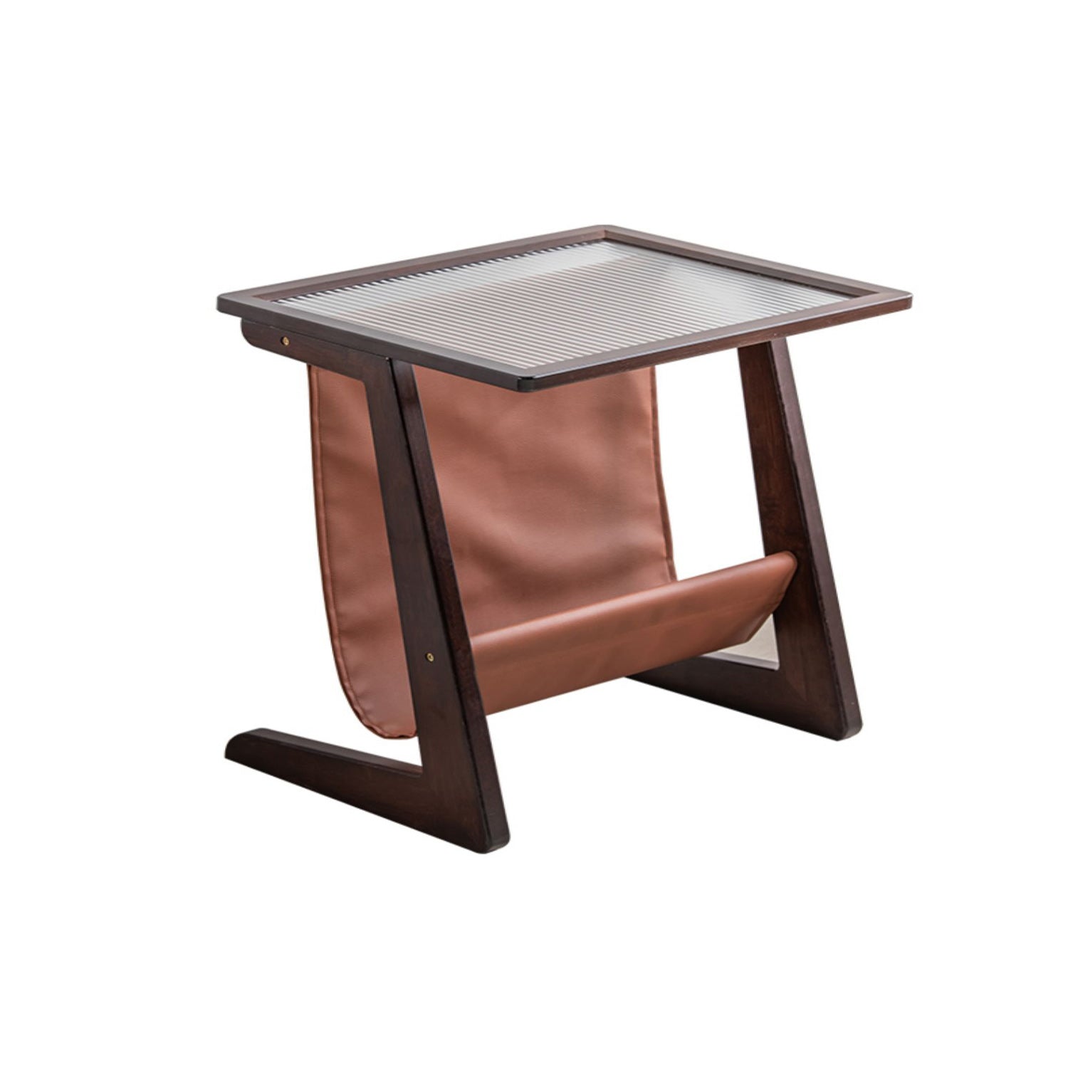 Modern Rectangle Glass Top Side Table Wood Abstract base End Table with Magazine Holder