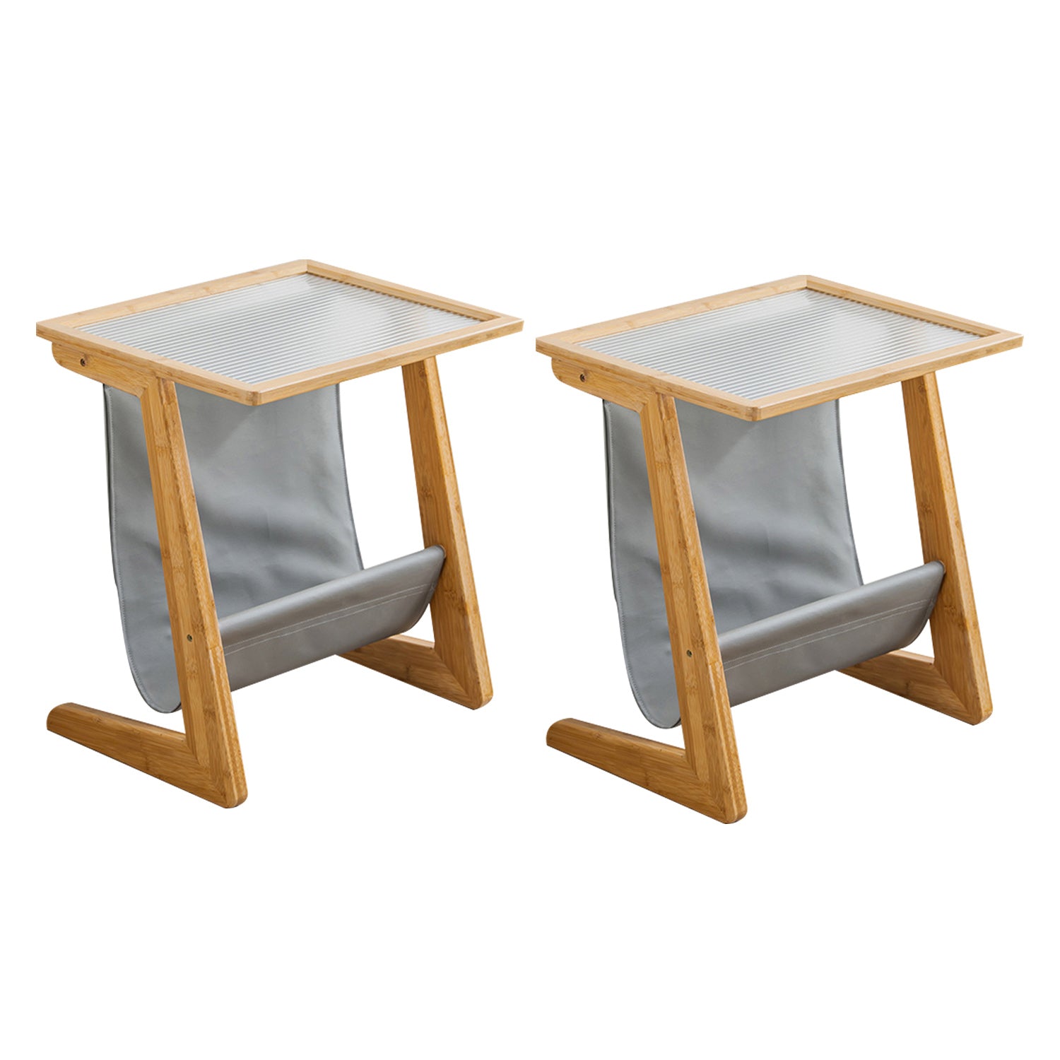 Modern Rectangle Glass Top Side Table Wood Abstract base End Table with Magazine Holder