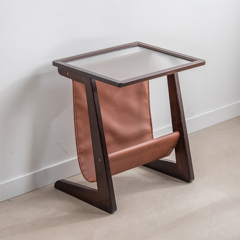Modern Rectangle Glass Top Side Table Wood Abstract base End Table with Magazine Holder