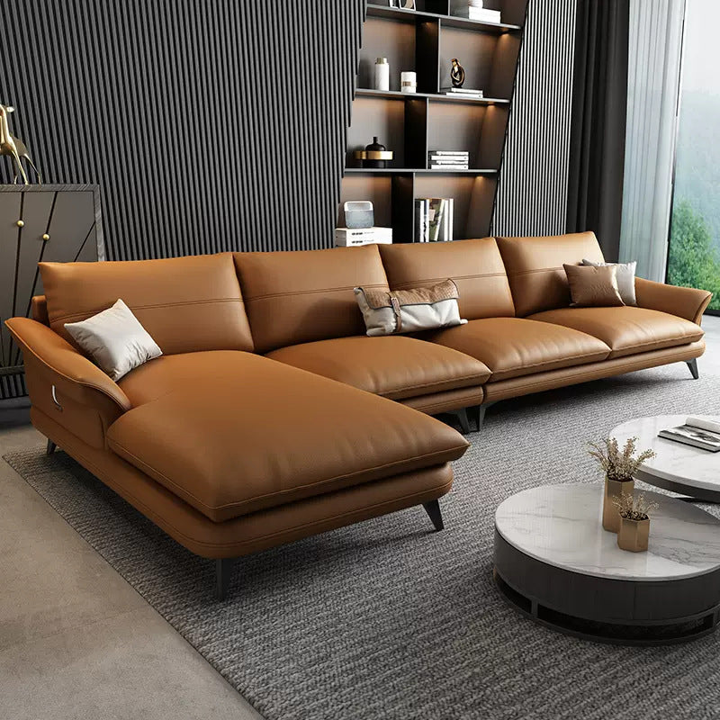 Nordic Stationary Genuine Leather Living Room Flared Arm Sofa Chaise