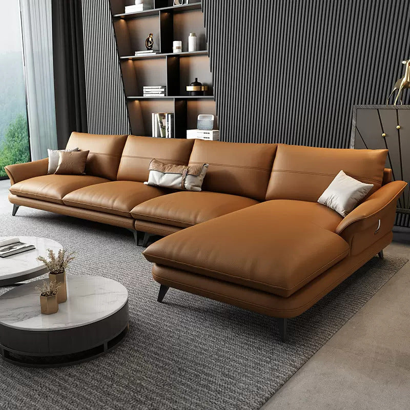 Nordic Stationary Genuine Leather Living Room Flared Arm Sofa Chaise