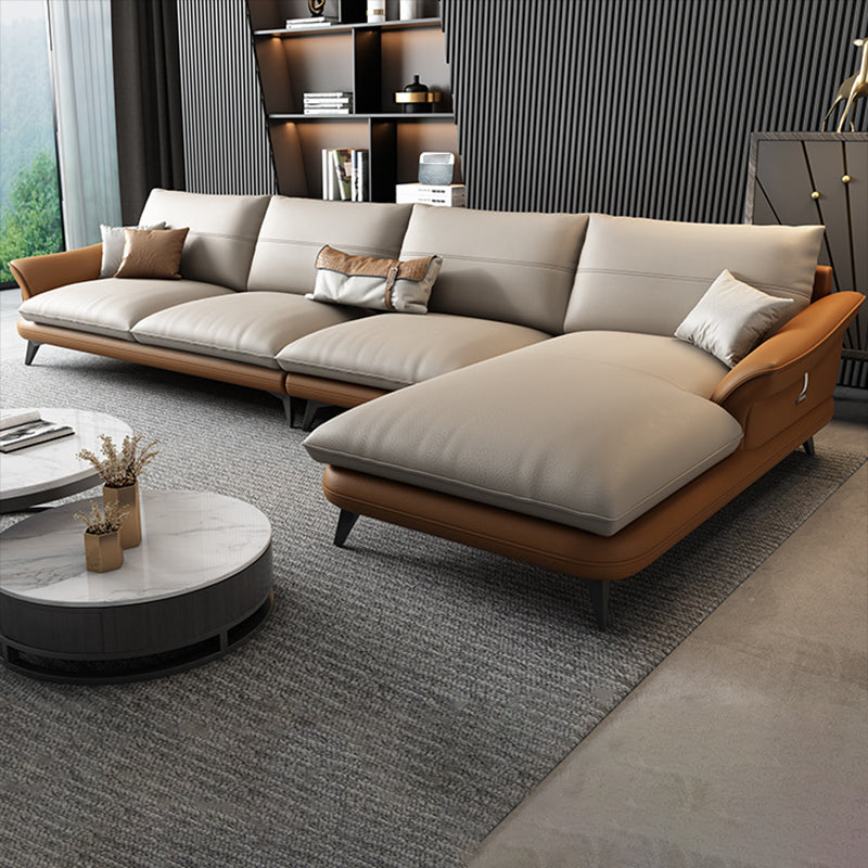 Nordic Stationary Genuine Leather Living Room Flared Arm Sofa Chaise