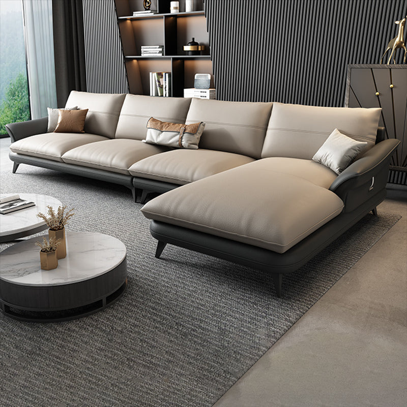 Nordic Stationary Genuine Leather Living Room Flared Arm Sofa Chaise