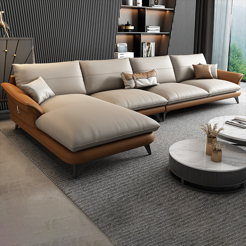 Nordic Stationary Genuine Leather Living Room Flared Arm Sofa Chaise