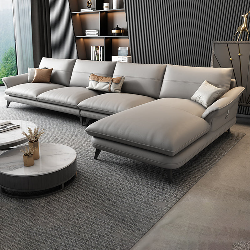 Nordic Stationary Genuine Leather Living Room Flared Arm Sofa Chaise