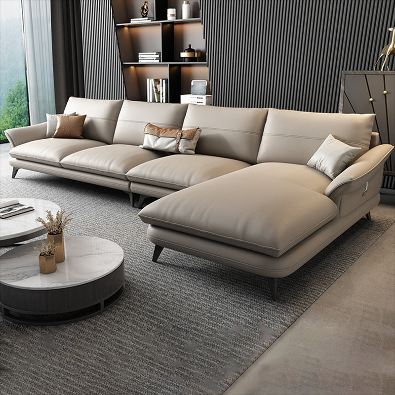 Nordic Stationary Genuine Leather Living Room Flared Arm Sofa Chaise