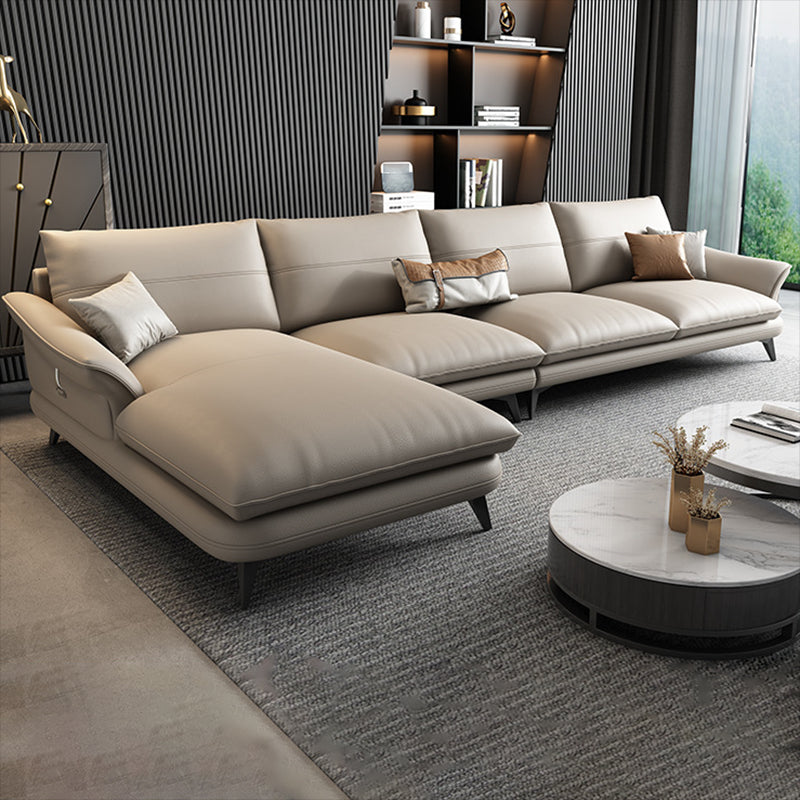 Nordic Stationary Genuine Leather Living Room Flared Arm Sofa Chaise