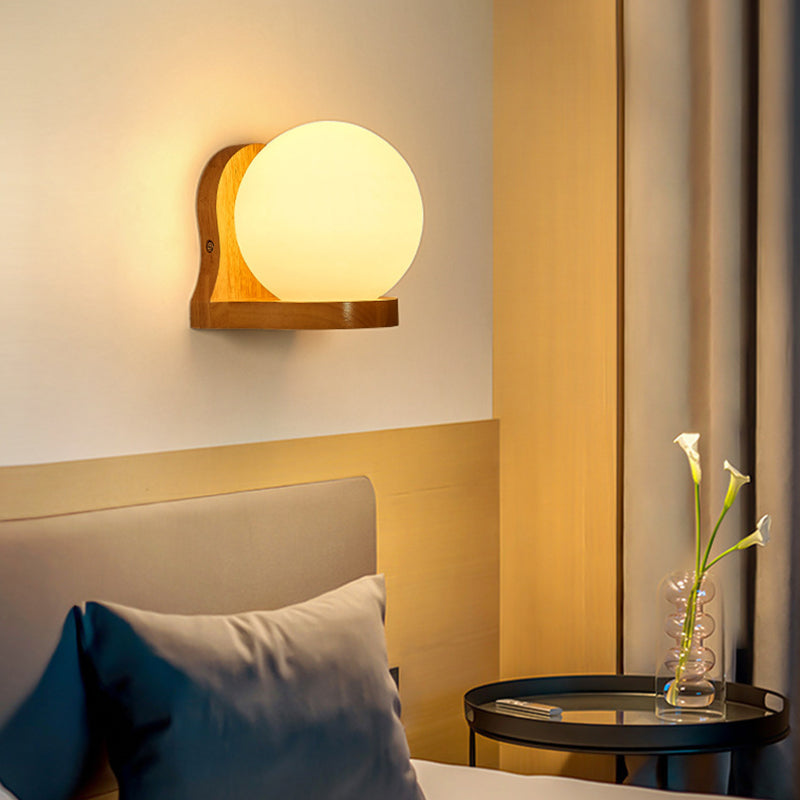 Nordic Wood Wall Light Globe 5.5" Wide Wall Sconce with White Glass for Bedroom