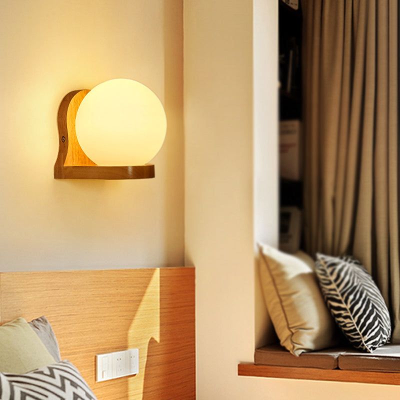 Nordic Wood Wall Light Globe 5.5" Wide Wall Sconce with White Glass for Bedroom