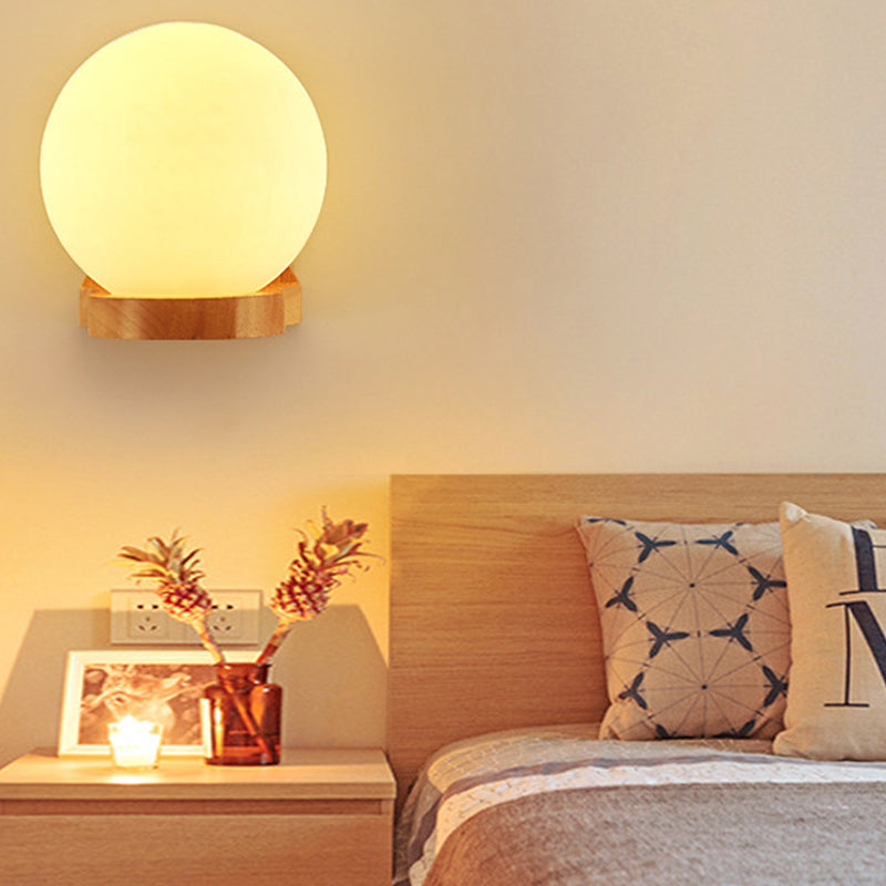 Nordic Wood Wall Light Globe 5.5" Wide Wall Sconce with White Glass for Bedroom