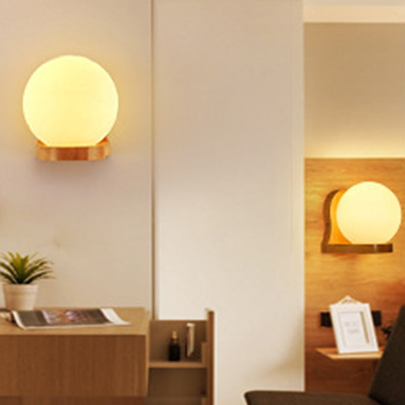 Nordic Wood Wall Light Globe 5.5" Wide Wall Sconce with White Glass for Bedroom
