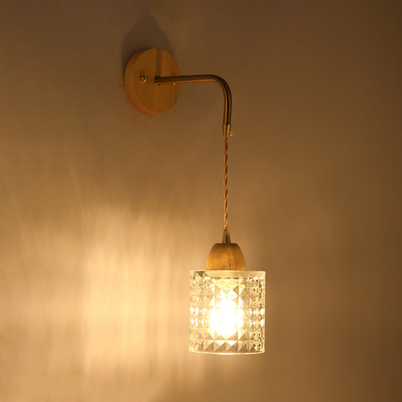 Modern Glass Wall Light Geometric Shape Wall Sconce with Wood for Living Room