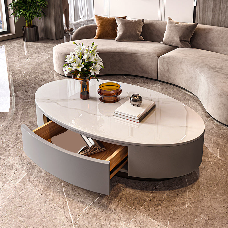 Glam Slate Coffee Table Oval Pedestal Coffee Table with Drawer