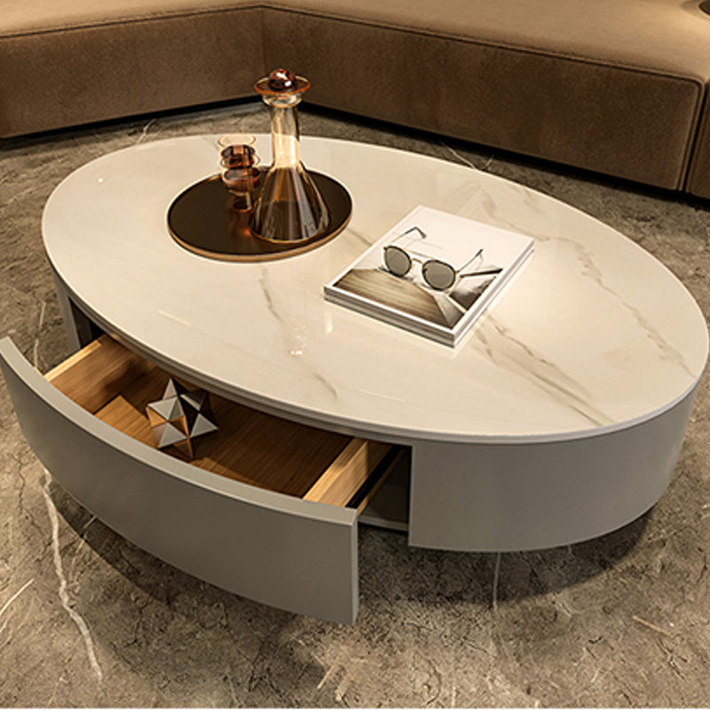 Glam Slate Coffee Table Oval Pedestal Coffee Table with Drawer