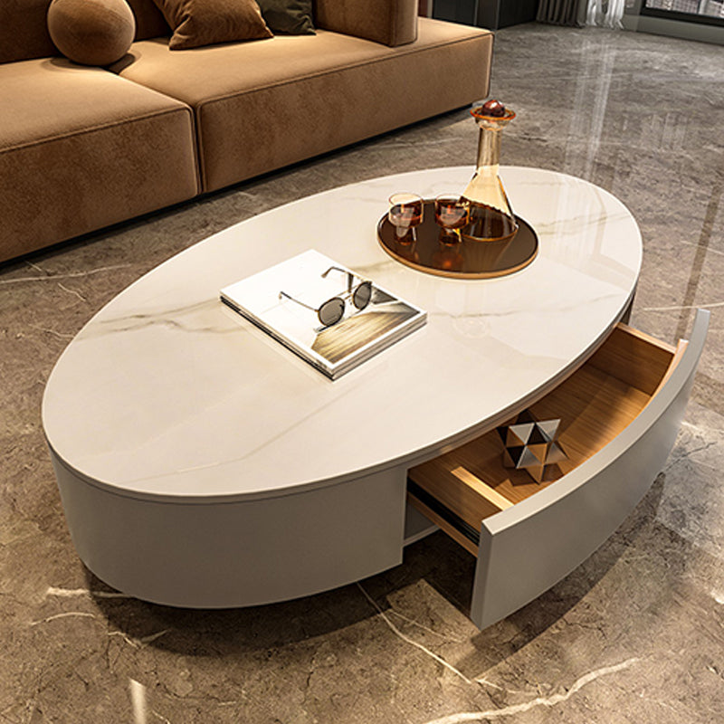 Glam Slate Coffee Table Oval Pedestal Coffee Table with Drawer