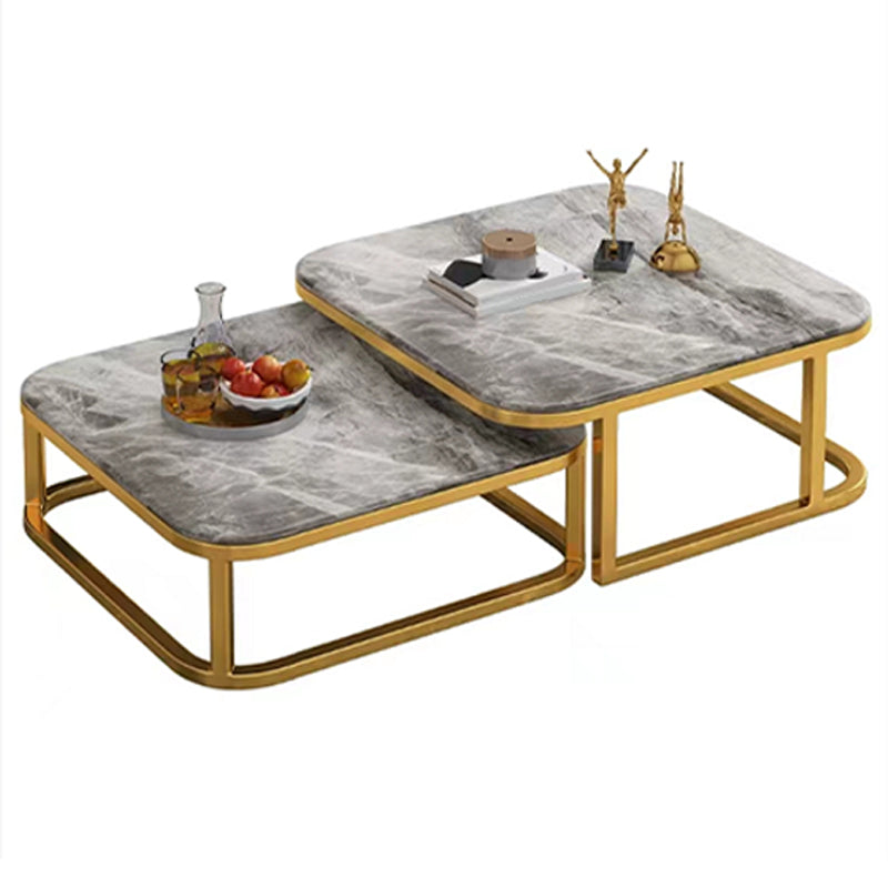 2 Pieces Stone Coffee Table Square Frame Cocktail Table Set with Storage