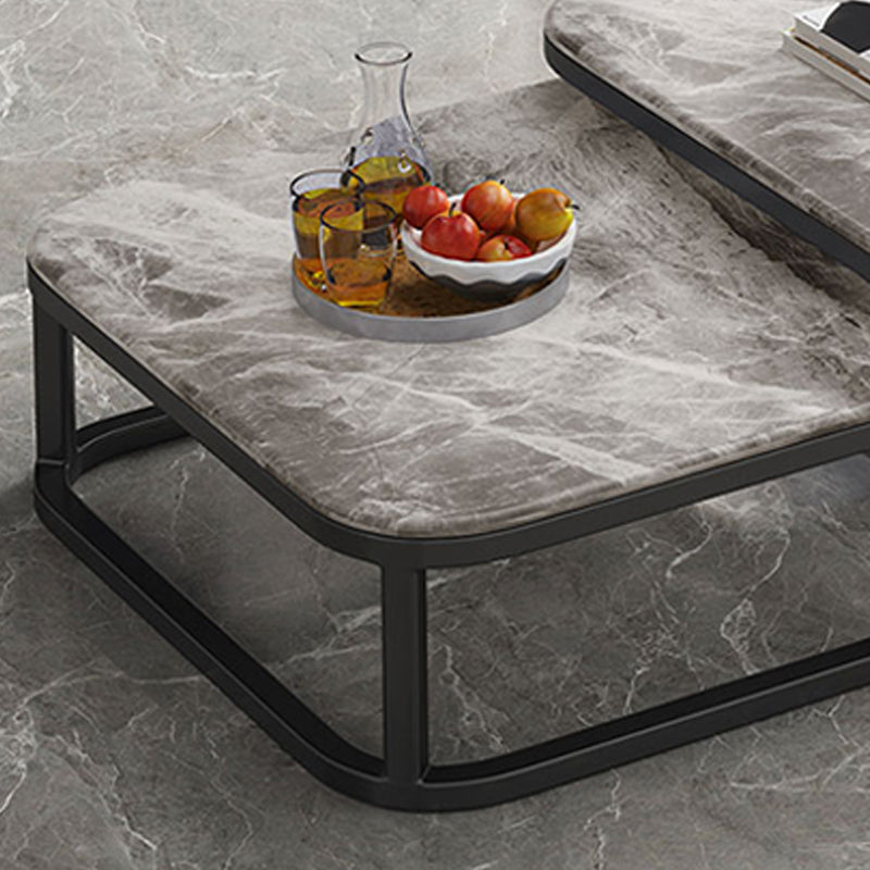 2 Pieces Stone Coffee Table Square Frame Cocktail Table Set with Storage