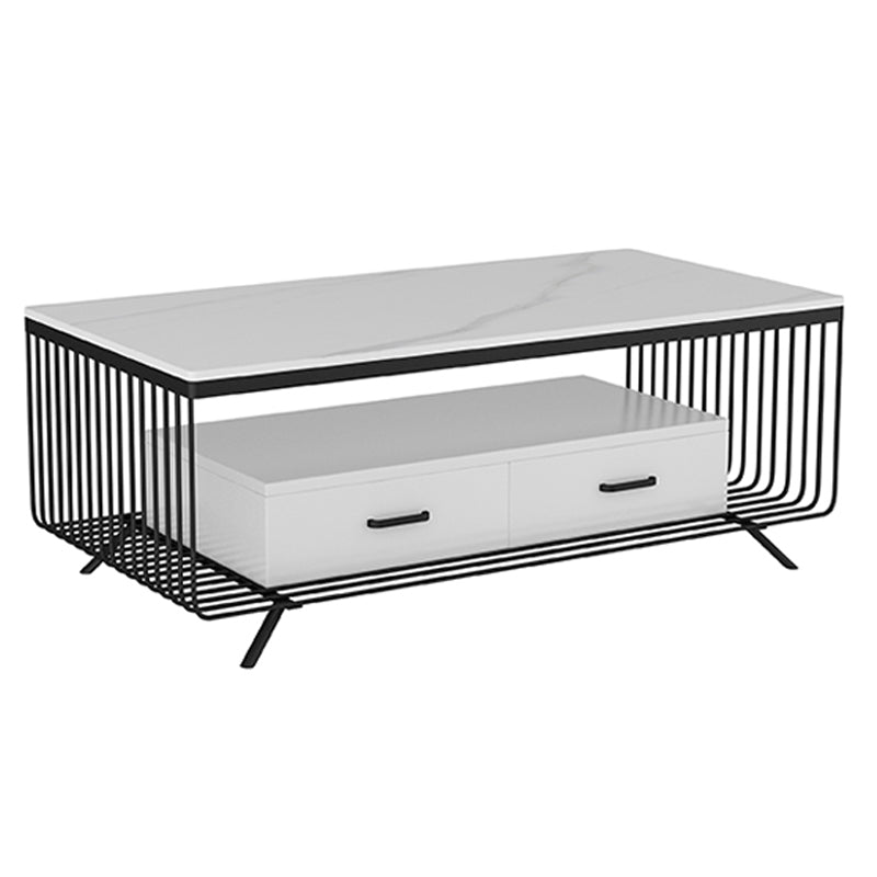 Rectangular Stone 4 Legs Coffee Cocktail Table with 2 Drawers