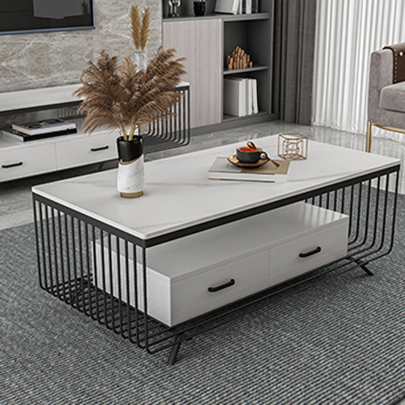 Rectangular Stone 4 Legs Coffee Cocktail Table with 2 Drawers
