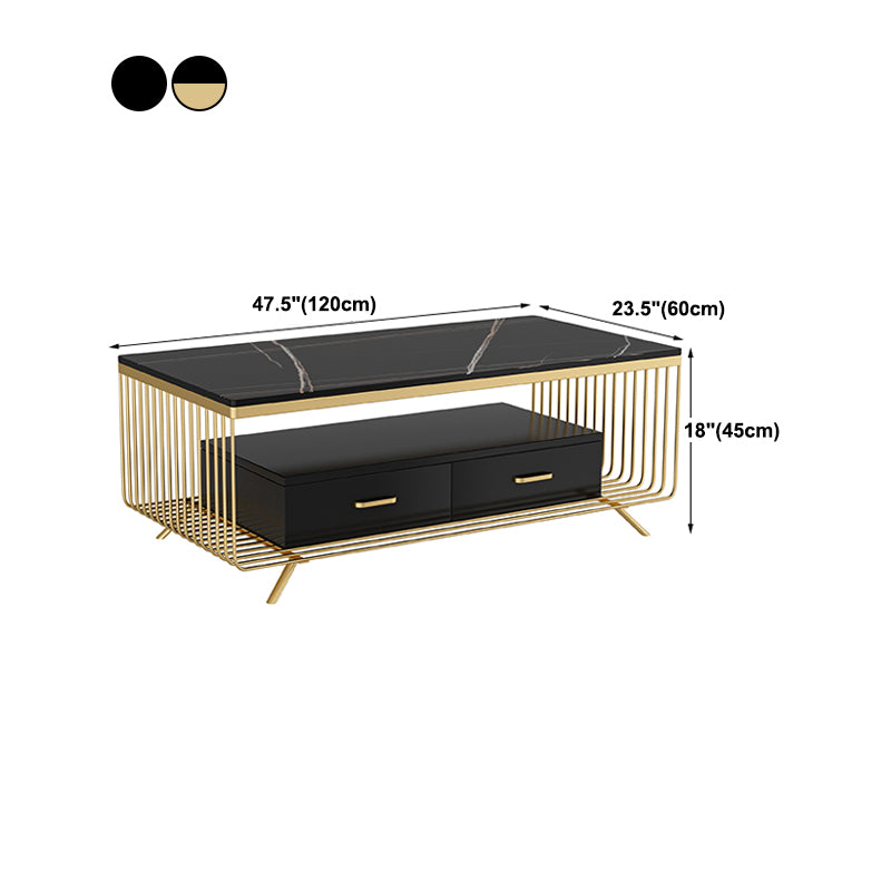 Rectangular Stone 4 Legs Coffee Cocktail Table with 2 Drawers
