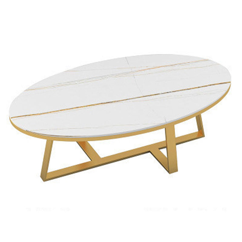 Glam Oval Stone Top Coffee Table with Iron Cross Base 17.71" High