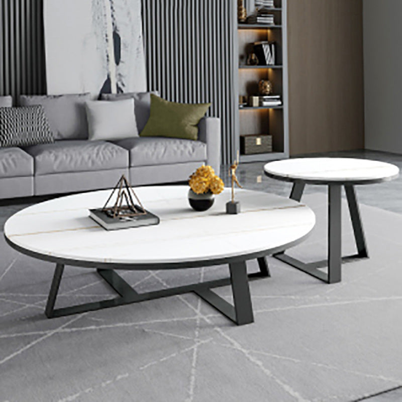 Glam Oval Stone Top Coffee Table with Iron Cross Base 17.71" High