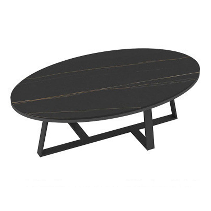 Glam Oval Stone Top Coffee Table with Iron Cross Base 17.71" High